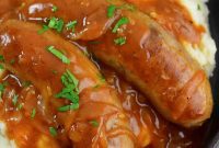 Onion Gravy Smothered Sausages and Mash