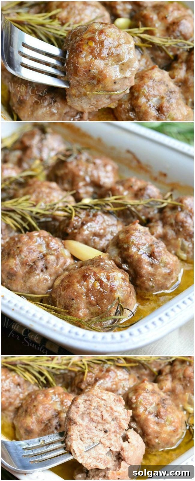Three photos: Top photo is of a fork inserted into a meatball lifting it above the others. Middle photo is the Rosemary Garlic Baked Meatballs in a white baking dish with rosemary and pieces of garlic after being in the oven. The bottom photo is of the fork again but only holding half a meatball.