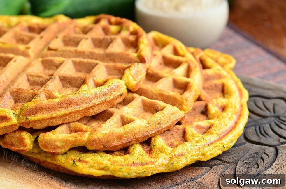 Three Zucchini Carrot Cake Waffles are laid on a wooden board. They are laid in a way that they are overlapping each other.