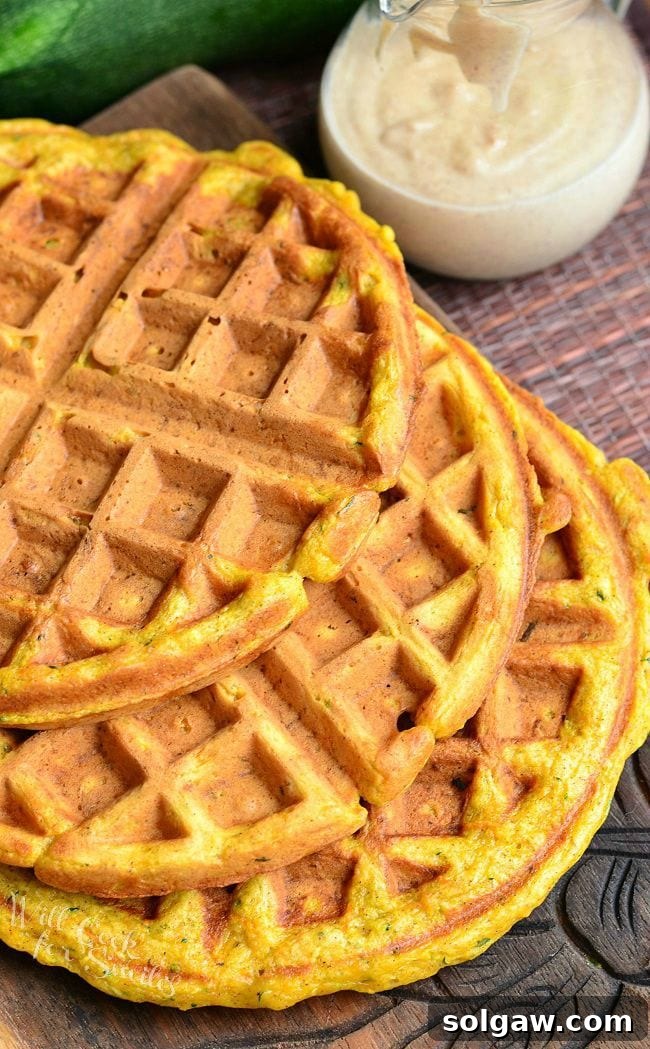Top view of three Zucchini Carrot Cake Waffles which are laid on a wooden board. The waffles are overlapping each other. Off to the back, right side is a glass container. This container has cinnamon cream cheese sauce in it.