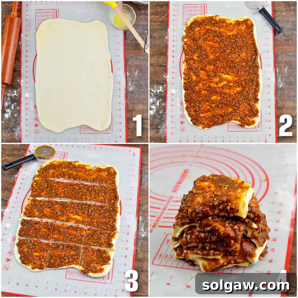 Spiced Pumpkin Pull-Apart Loaf 4 collage of four images of rolling dough, adding pumpkin toppings, cutting it, and stacked.