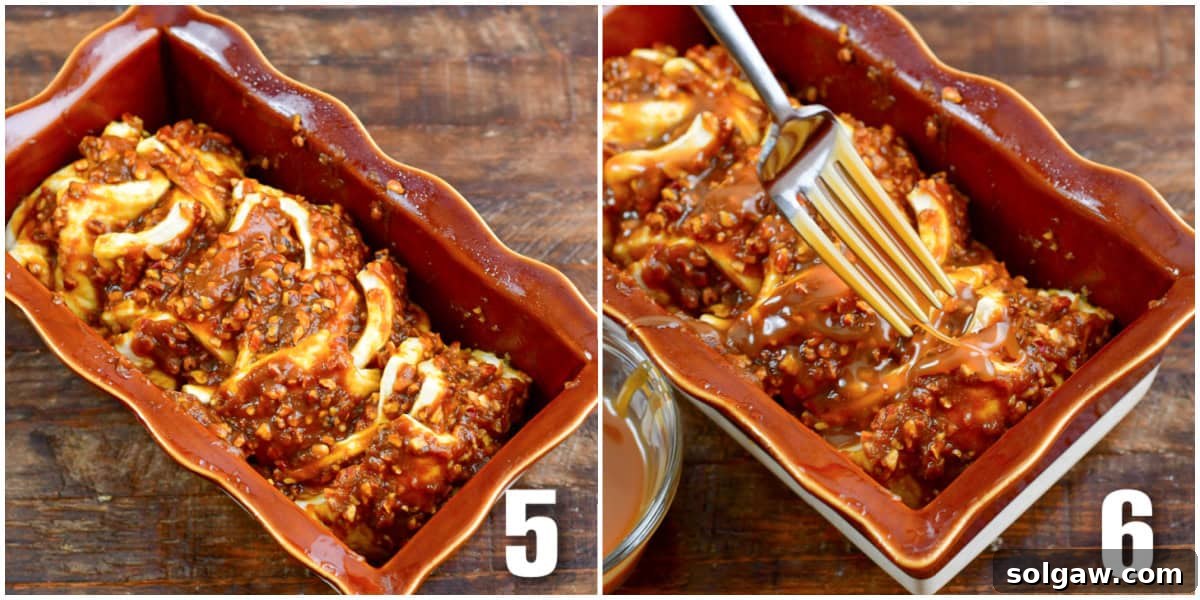 Spiced Pumpkin Pull-Apart Loaf 5 collage of two images of adding pull apart bread dough into the baking dish and adding caramel on top.
