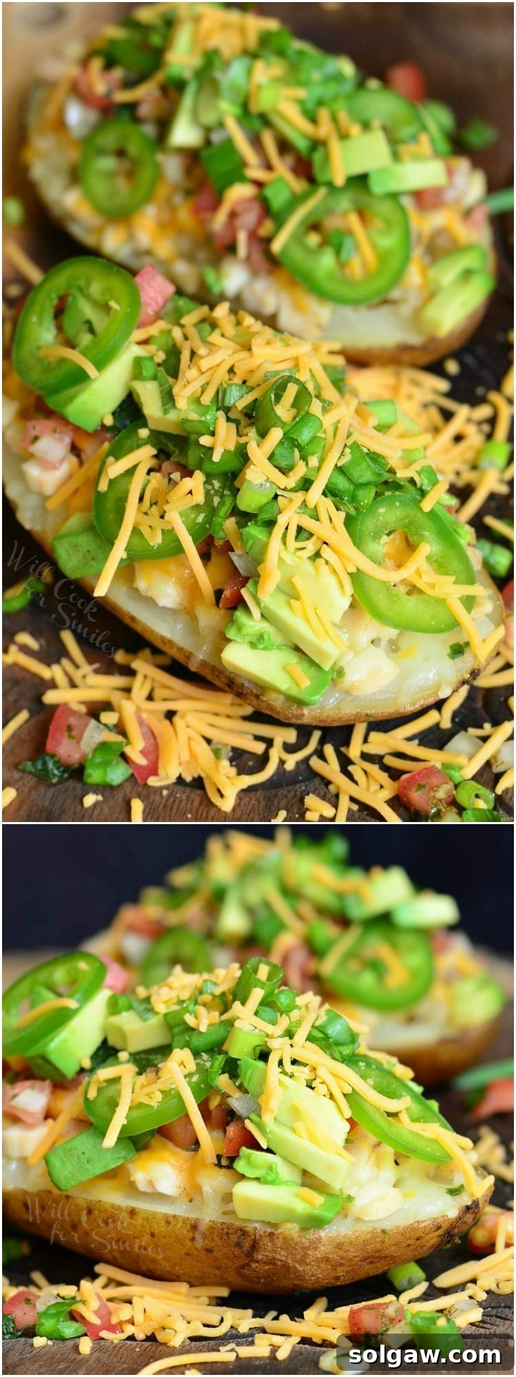 Zesty Fiesta Chicken Stuffed Potatoes 8 A vibrant and appetizing collage featuring various views of the Fiesta Chicken Twice Baked Potatoes, perfectly arranged for a delicious meal.
