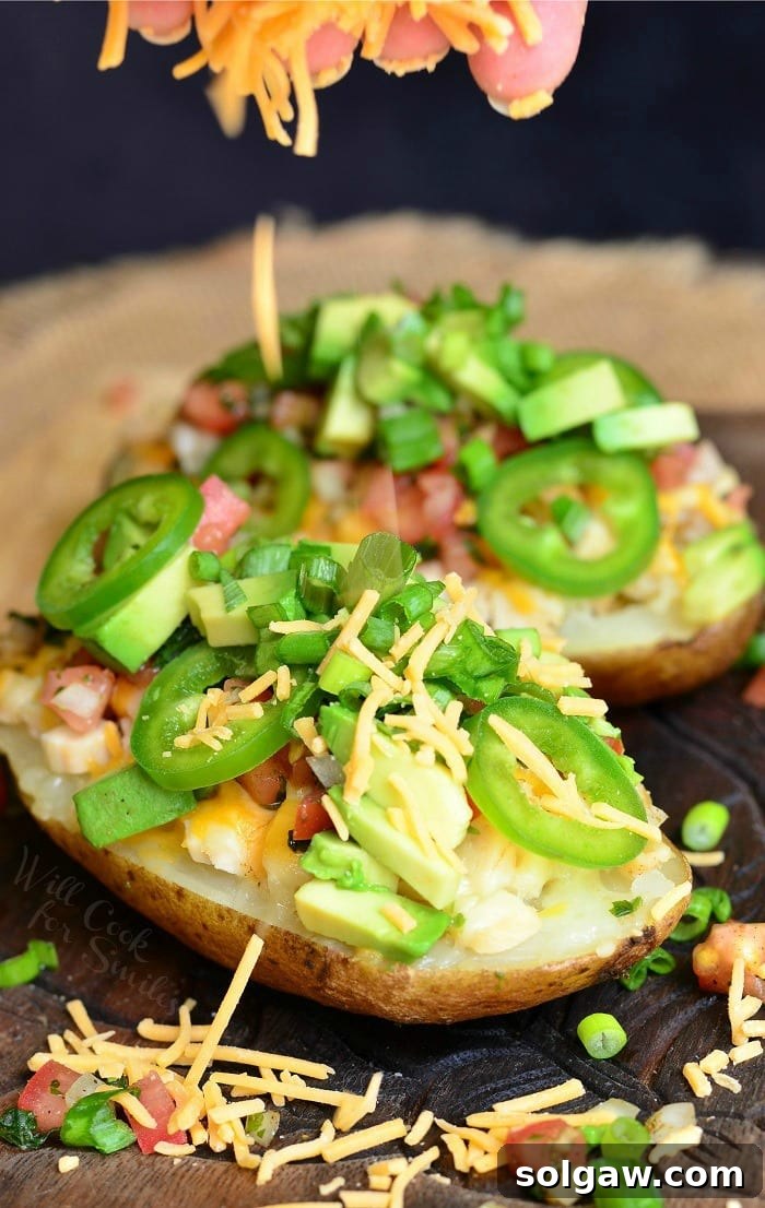 Zesty Fiesta Chicken Stuffed Potatoes 6 A stunning side view of a Fiesta Chicken Twice Baked Potato, perfectly golden, overflowing with seasoned chicken, melted cheese, fresh pico de gallo, creamy avocado slices, and vibrant jalapenos, ready to be enjoyed.