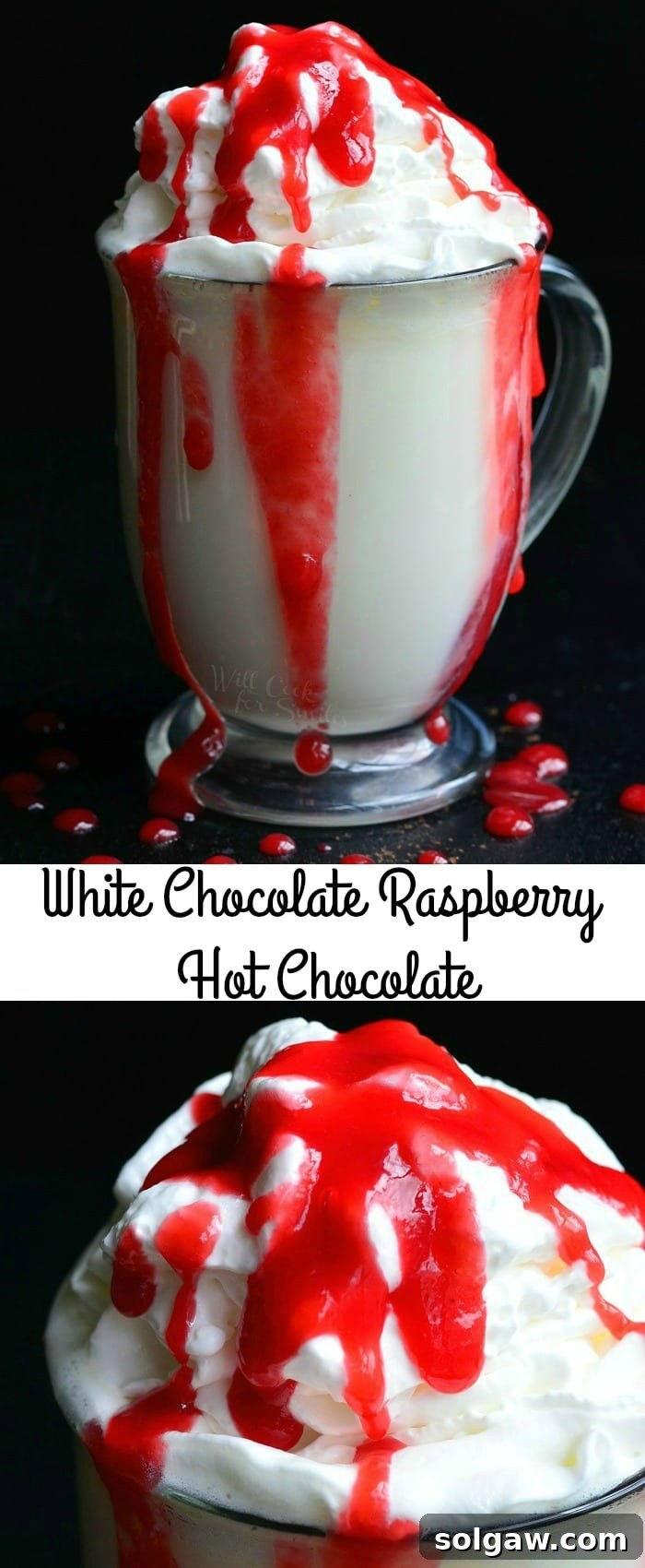 White Chocolate Raspberry Hot Chocolate in a clear glass bowl with whip cream and raspberry sauce on top photo collage