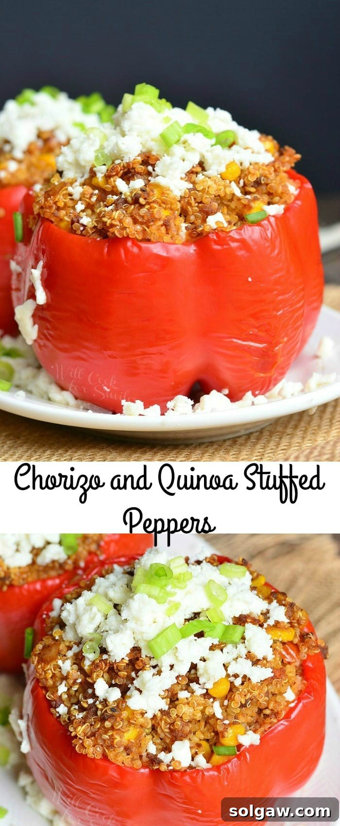 A close-up of a Chorizo and Quinoa Stuffed Pepper on a white plate