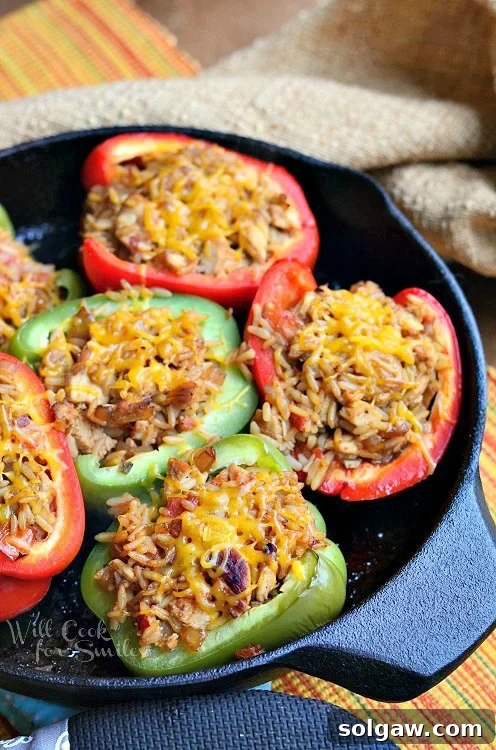 Chicken Fajita Stuffed Peppers served in a cast iron pan