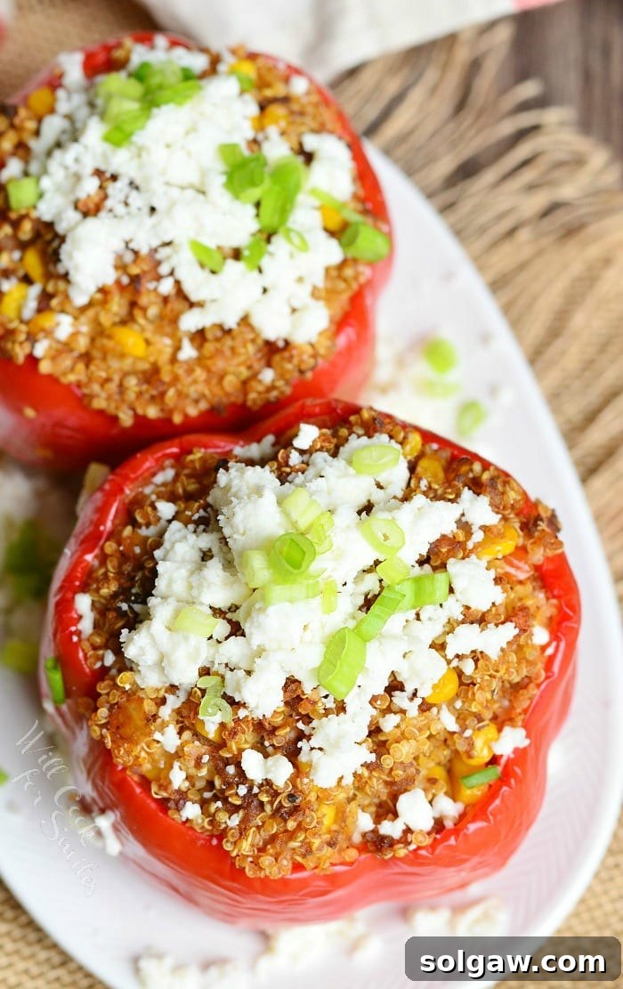 Top view of Chorizo and Quinoa Stuffed Peppers on a plate, garnished and ready