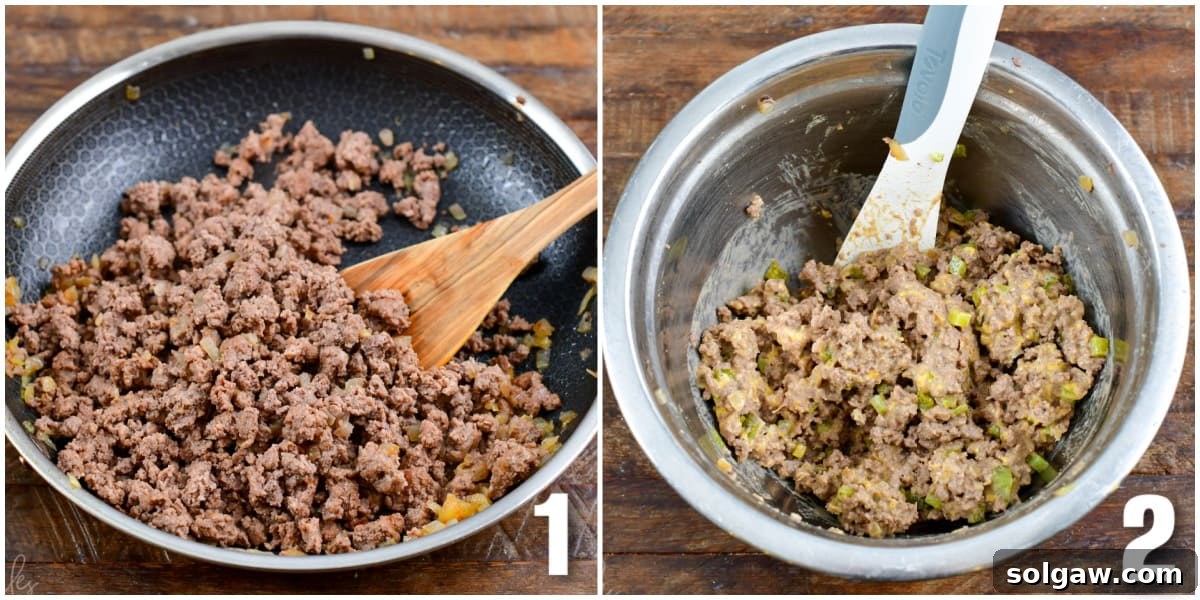 collage of two images of cooked ground beef and mixing cheeseburger egg roll filling.