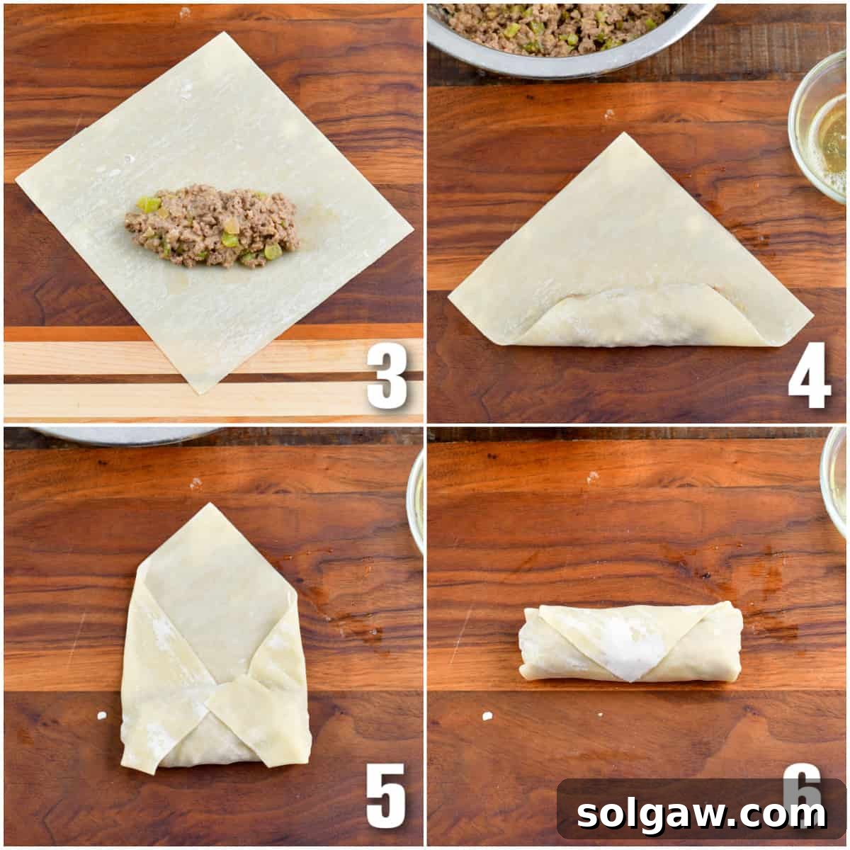 collage of four images of steps to rolls the cheeseburger egg rolls in the wrapper.