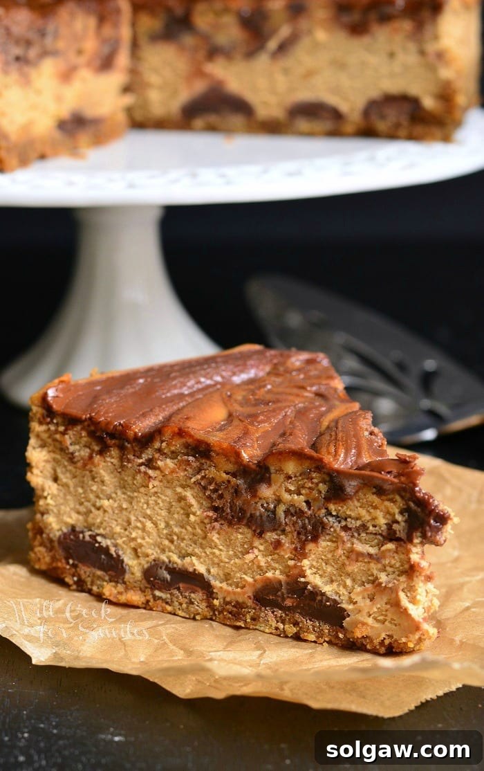Another enticing view of a slice of Gingerbread Nutella Swirl Cheesecake on butcher paper, with the full cheesecake on a cake stand in the background, highlighting its festive appeal.