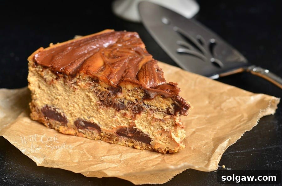A generous slice of Gingerbread Nutella Swirl Cheesecake presented on butcher paper, with a pie spatula gently resting in the top right corner, ready for serving. 