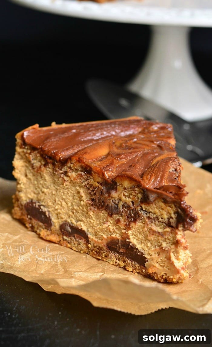 One slice of Gingerbread Nutella Swirl Cheesecake prominently displayed in front of a cake stand holding the remainder of the beautiful cake.