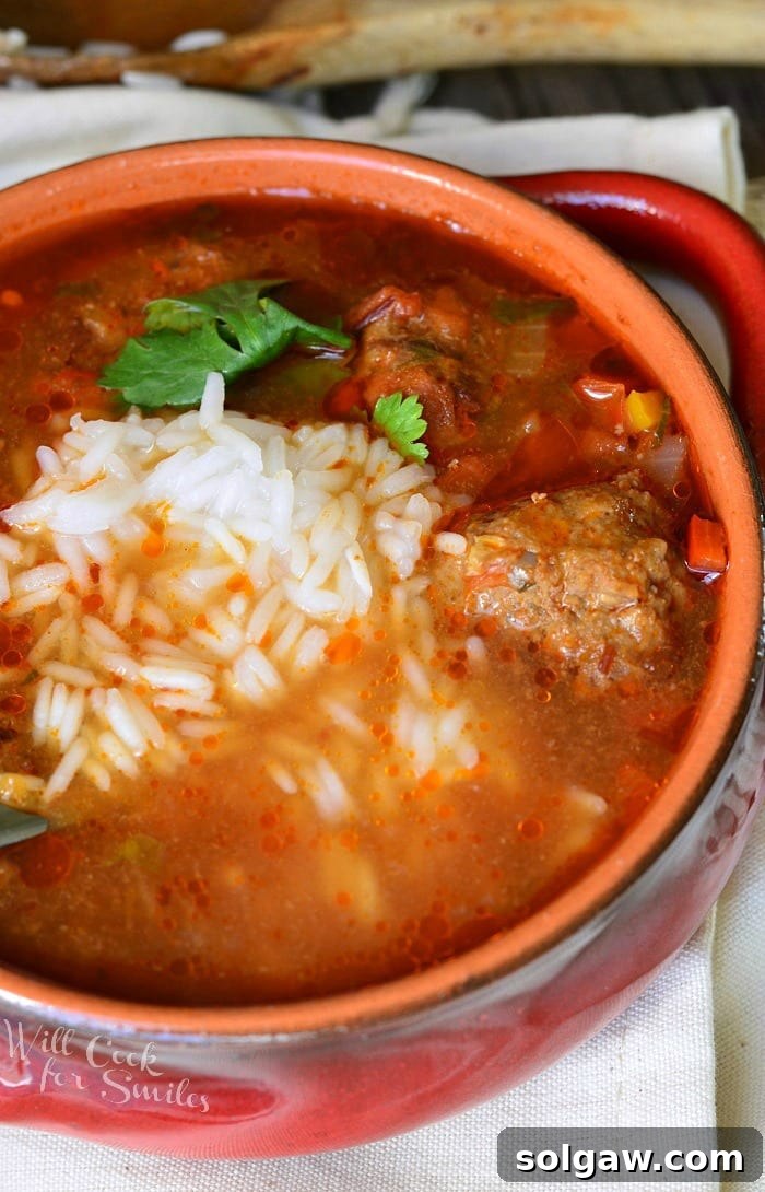 Grandma's Albondigas Soup 2 top view of Mexican Meatballs Soup with rice and meatballs in a bowl