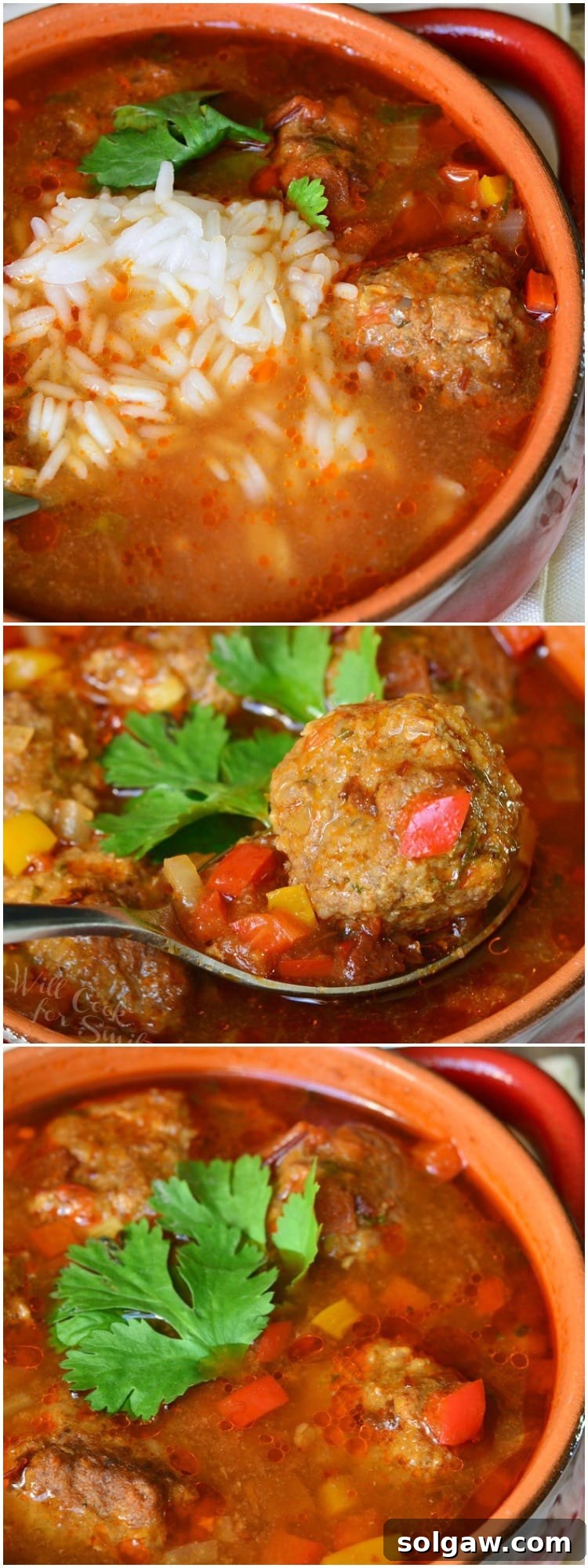 Grandma's Albondigas Soup 6 Collage of Mexican Meatballs Soup in a bowl with rice, 2nd meatball on a spoon, last photo of soup in a bowl