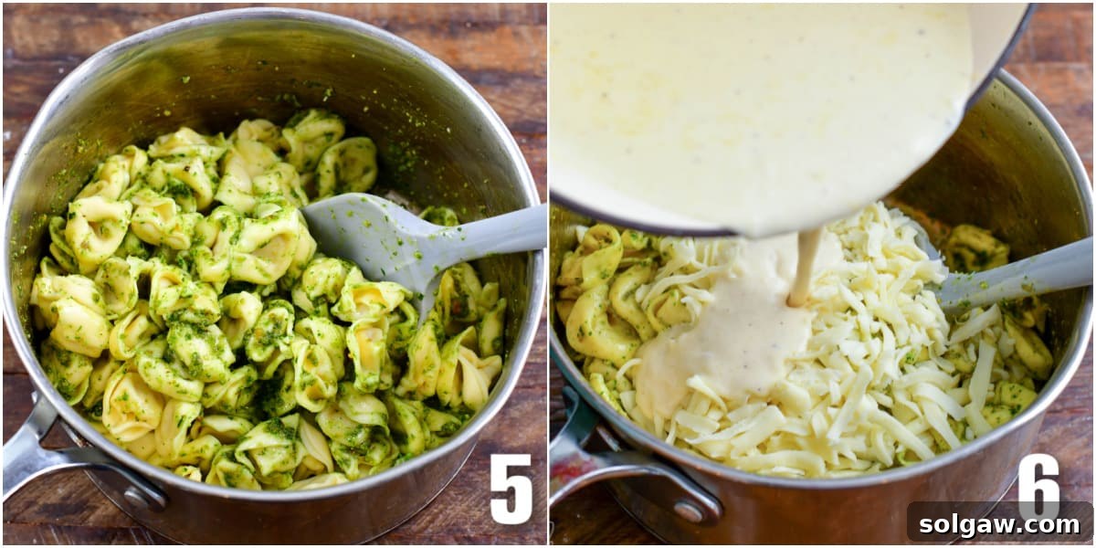 Creamy Pesto Alfredo Tortellini 5 Collage of two images: one showing pesto being mixed with tortellini, and the other showing Alfredo sauce and mozzarella being added to the pot.