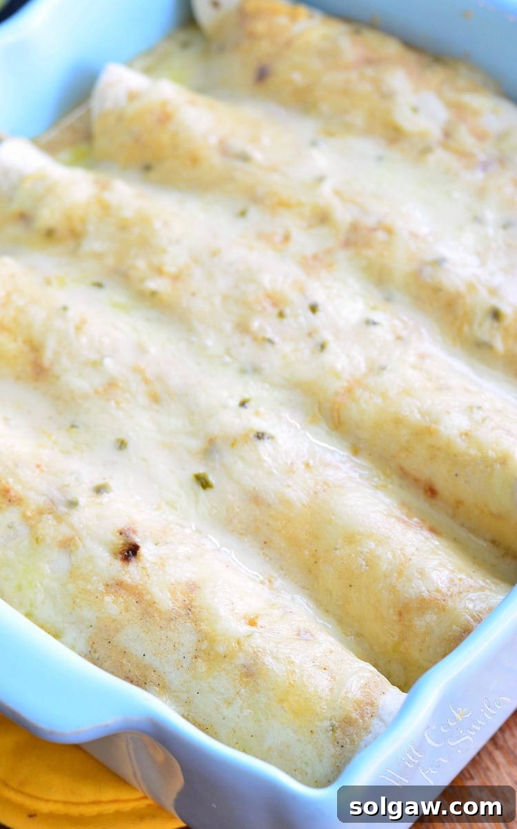 Smoky Poblano Chicken Enchiladas 7 Roasted Poblano and Chicken Enchiladas baked in a casserole dish, topped with melted cheese.