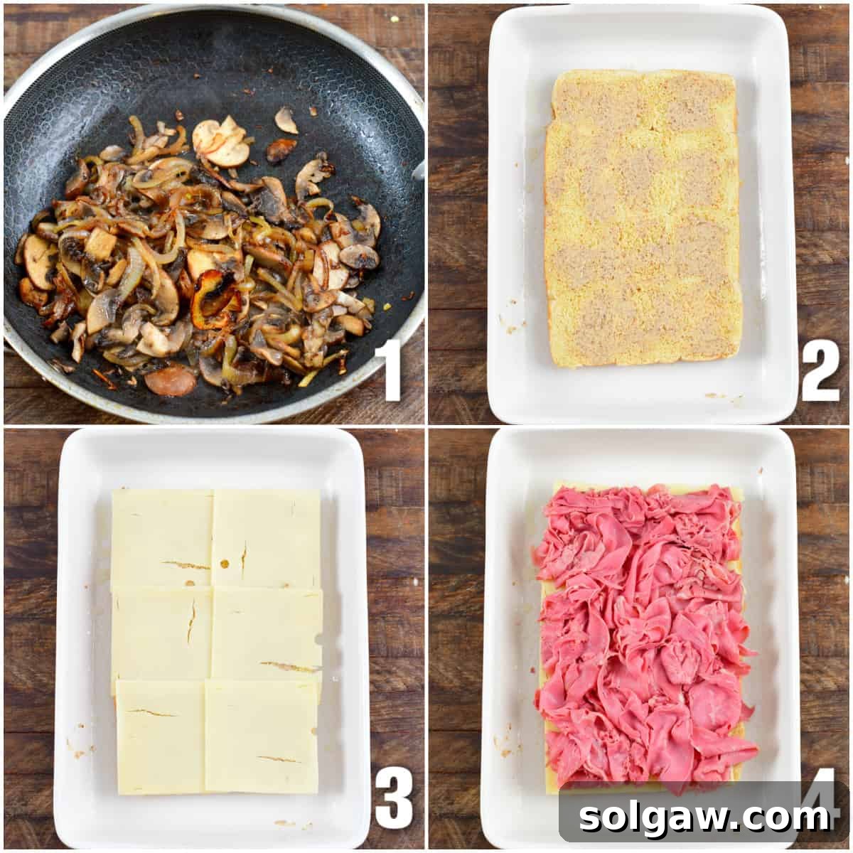 A four-image collage showing the process of making corned beef sliders: sautéing vegetables, slicing rolls, layering ingredients in a baking dish, and the assembled sliders before baking.