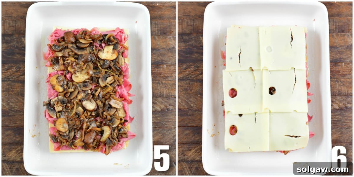 A two-image collage illustrating the assembly of corned beef sliders in a baking dish, showing layers of beef, mushrooms, onions, and cheese.