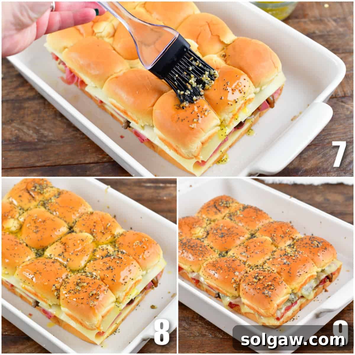 A three-image collage showing the final steps: brushing buttery topping on sliders, sliders before baking, and golden-brown sliders after baking, ready to serve.