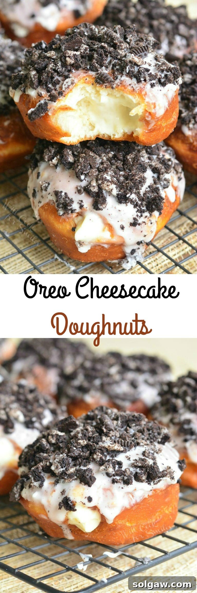 A close-up shot of a single Oreo Cheesecake Doughnut, showcasing its rich, creamy filling and generous Oreo crumb topping.