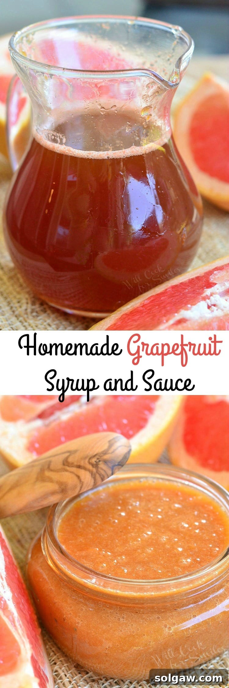 Collage featuring grapefruit syrup in a glass container at the top, and grapefruit sauce in a glass jar at the bottom, highlighting the two distinct textures.