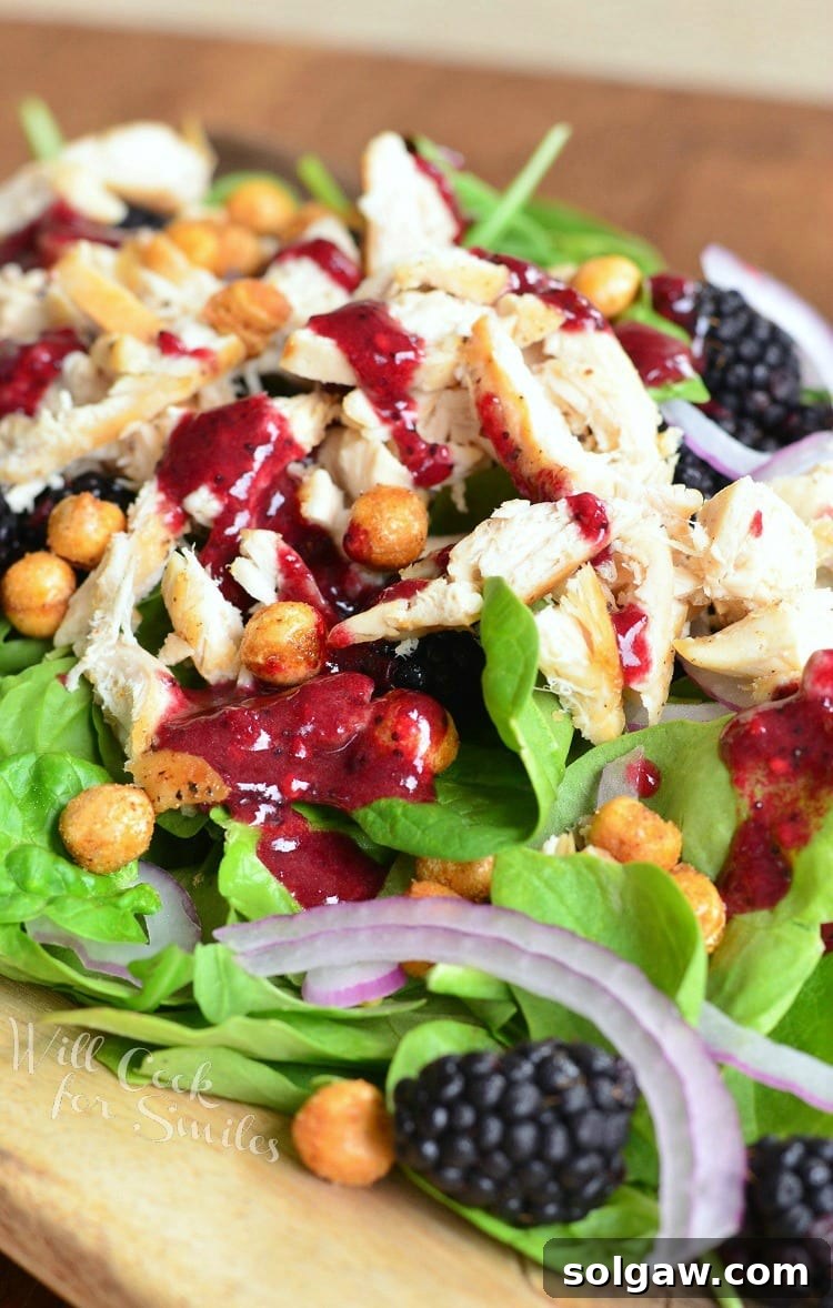 Blackberry Poppy Seed Chicken Spinach Salad 4 Delicious Blackberry Chicken Spinach Salad with homemade Blackberry Poppy Seed Vinaigrette, ready to be enjoyed.