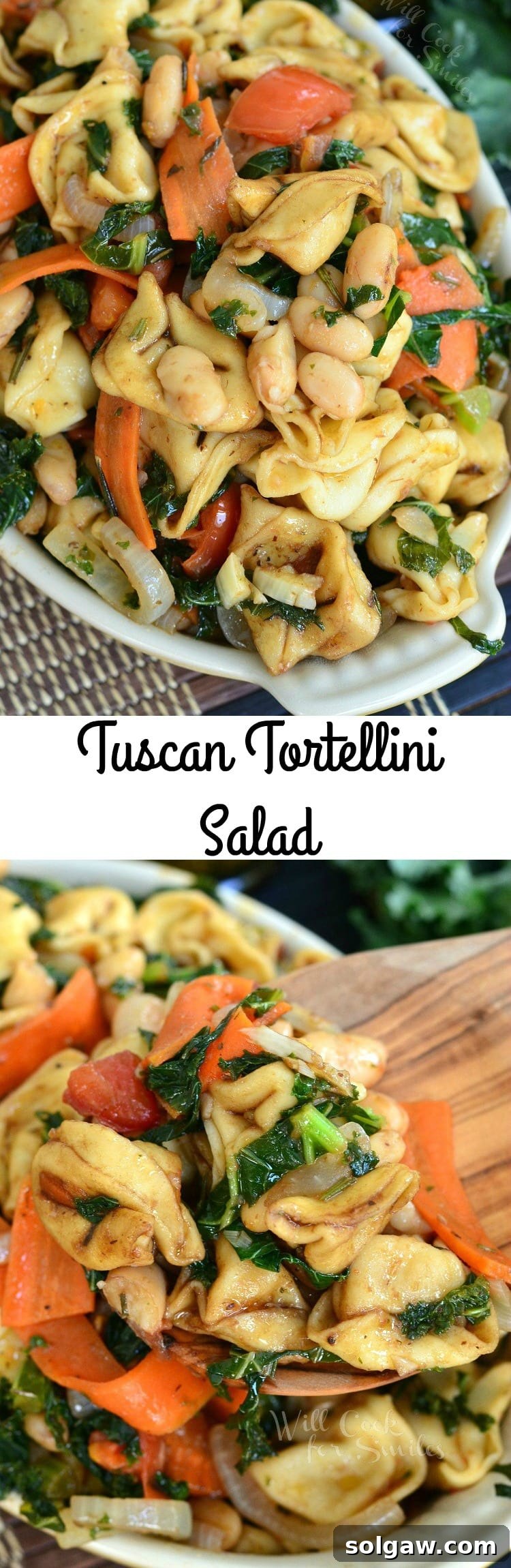 Collage of Tuscan Tortellini Salad photos, showing the finished dish and a serving suggestion.