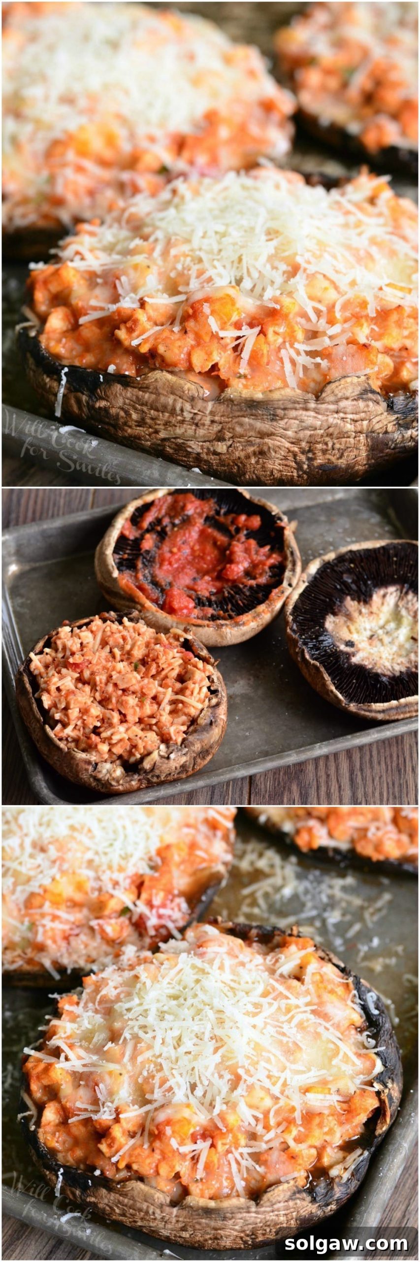 Collage showing steps for making Chicken Parmesan Stuffed Portobello