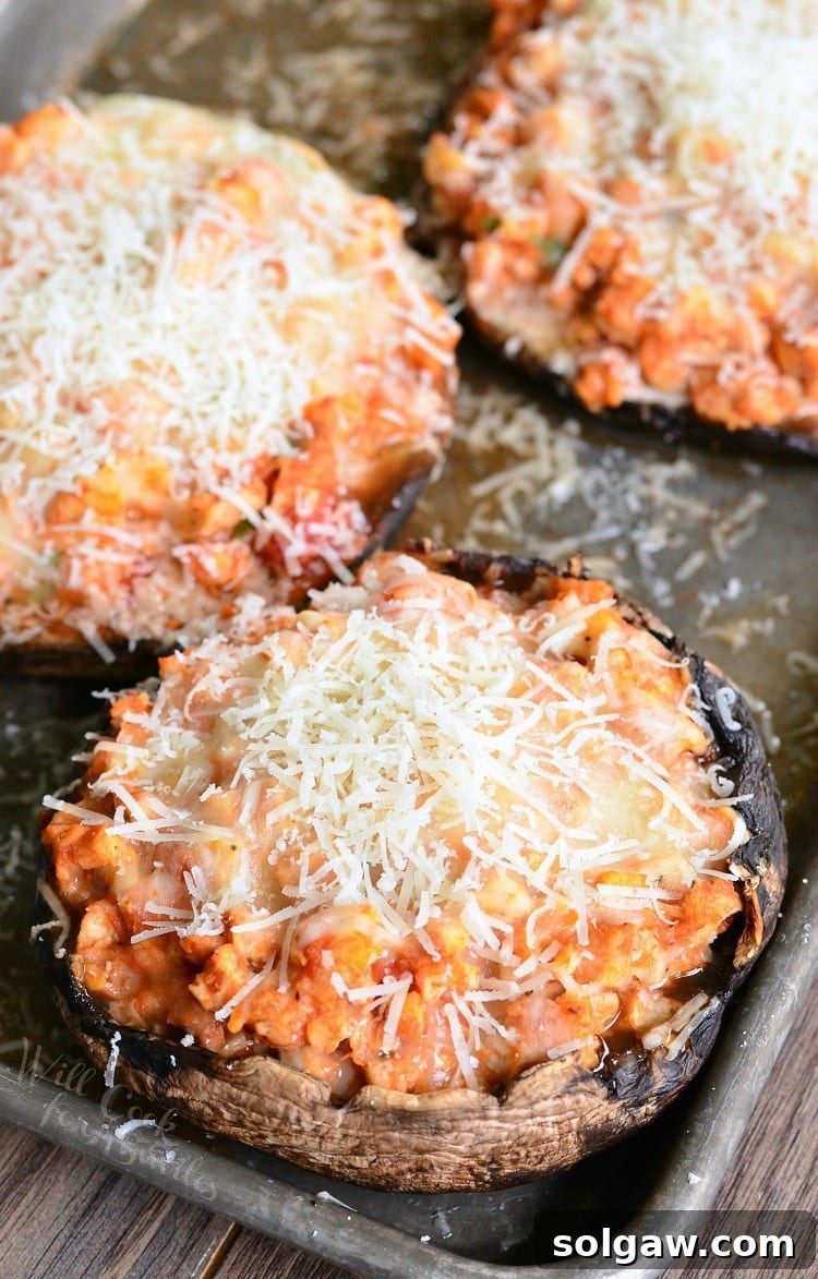 Chicken Parmesan Stuffed Portobello mushrooms fresh out of the oven, steaming