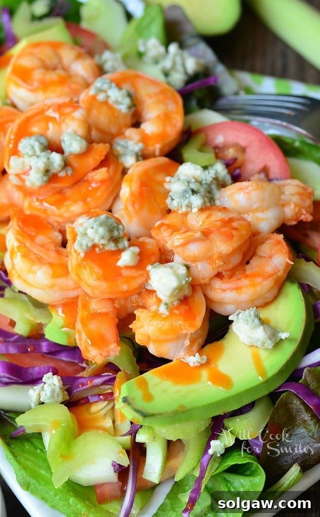 Buffalo Shrimp Salad with Homemade Blue Cheese Dressing 