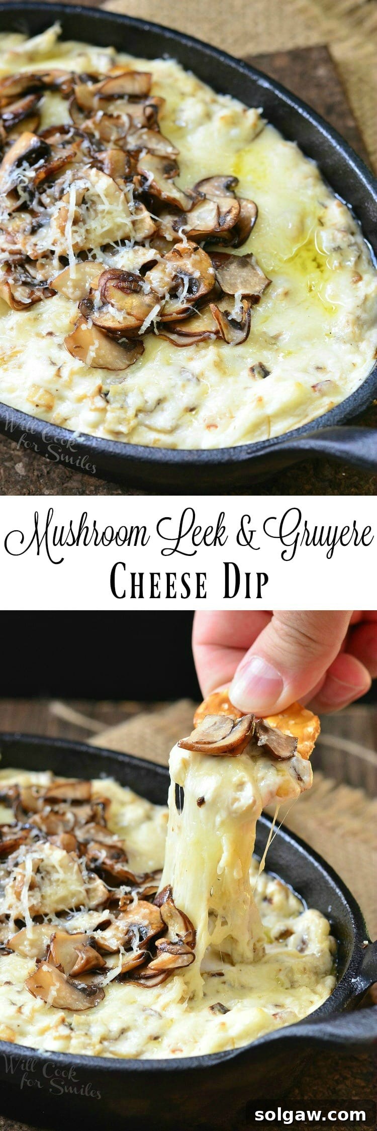 Warm Mushroom Leek Gruyere Cheese Dip 8 Mushroom Leek and Gruyere Cheese Dip collage with dipping pretzels
