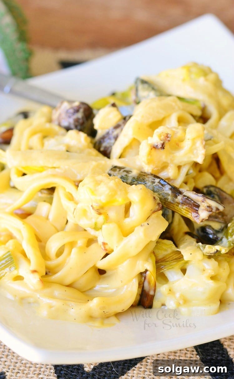 Warm Mushroom Leek Gruyere Cheese Dip 10 Roasted Cauliflower Leek and Mushroom Fettuccine in Garlic Cheese Sauce in a white bowl