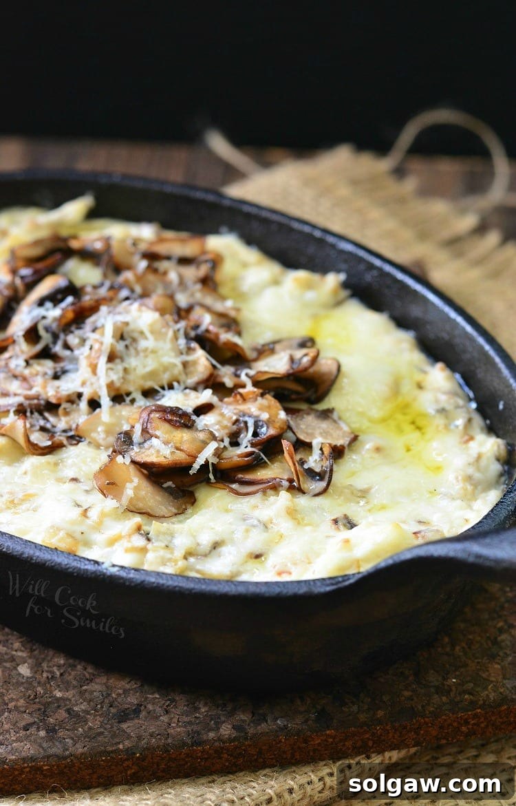 Warm Mushroom Leek Gruyere Cheese Dip 3 Mushroom Leek and Gruyere Cheese Dip with mushrooms on top in a cast iron pan