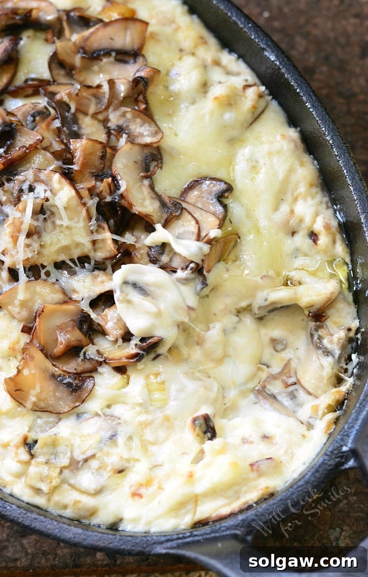 Warm Mushroom Leek Gruyere Cheese Dip 7 Dipping a pretzel into Mushroom Leek and Gruyere Cheese Dip with mushrooms on top in a cast iron pan