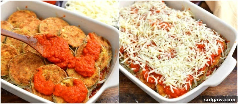 Irresistible Baked Eggplant Parmesan 5 collage of two images of spreading marinara sauce over baked eggplant in a casserole dish on the left and layers of eggplant topped with marinara and Mozzarella cheese on the right