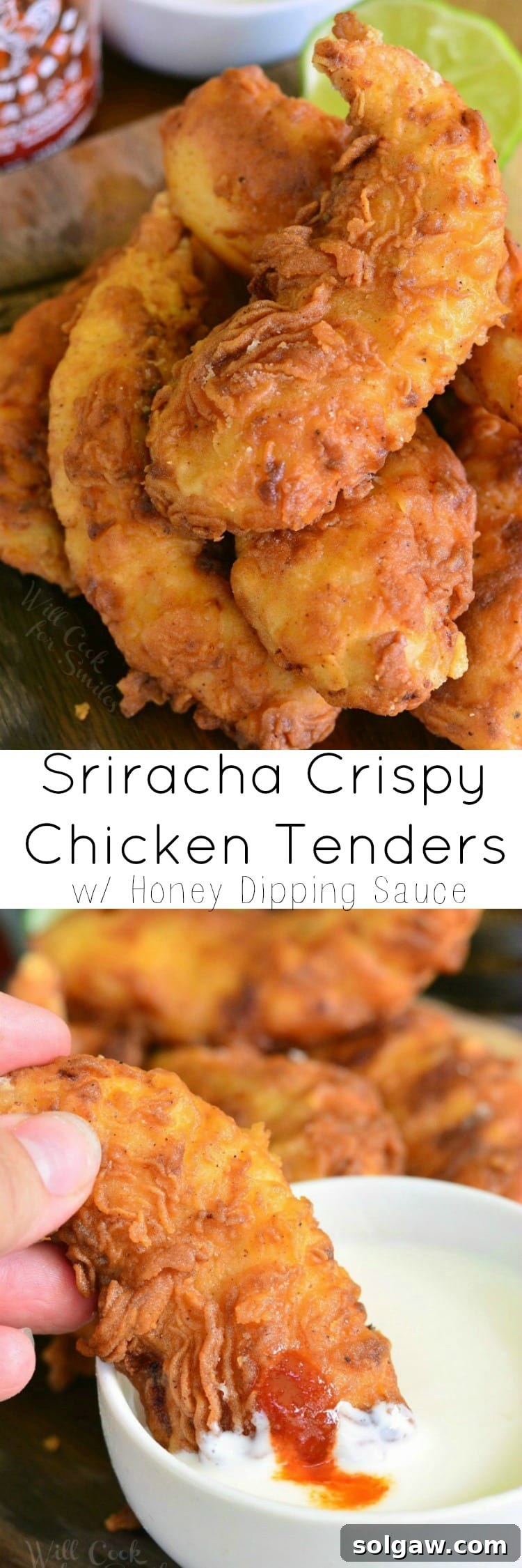 Fiery Sriracha Chicken with Sweet Honey Dip 7 collage top photo is Chicken Tenders stacked up on a cutting board bottom photo is dipping chicken tender in honey dipping sauce