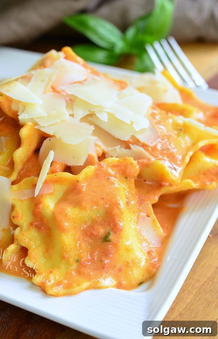 Ravioli in a creamy red bell pepper and basil sauce topped with shaved Parmesan cheese on a white plate