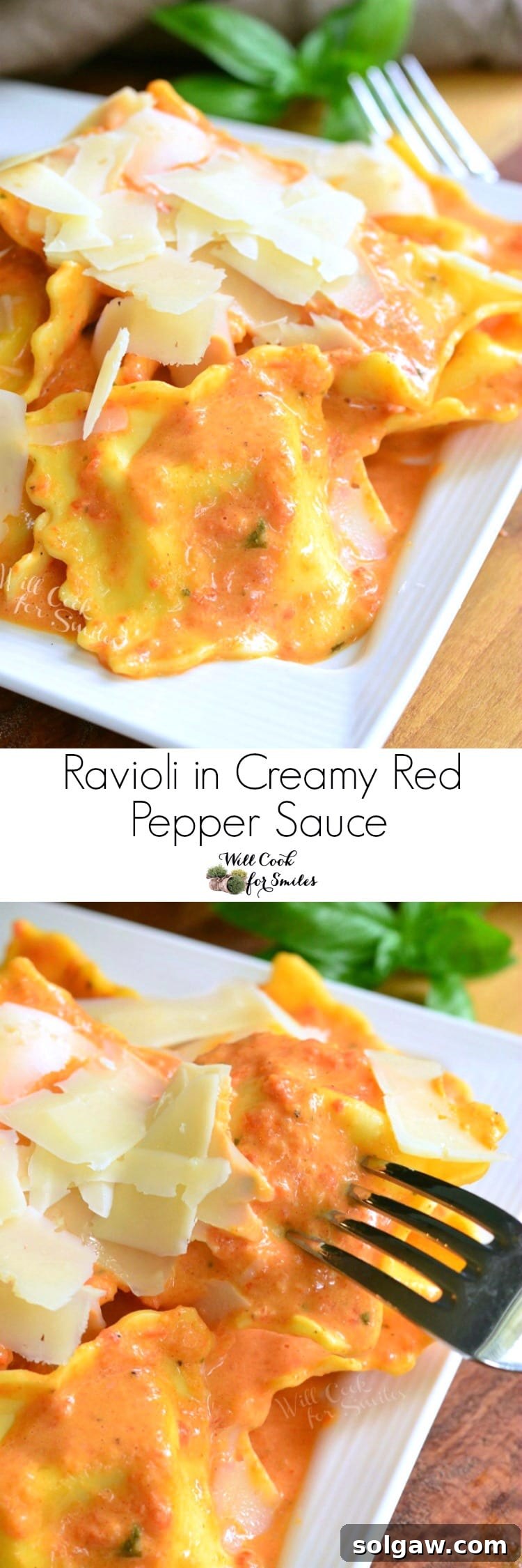 Ravioli in a creamy red bell pepper and basil sauce topped with shaved Parmesan cheese on a white plate collage