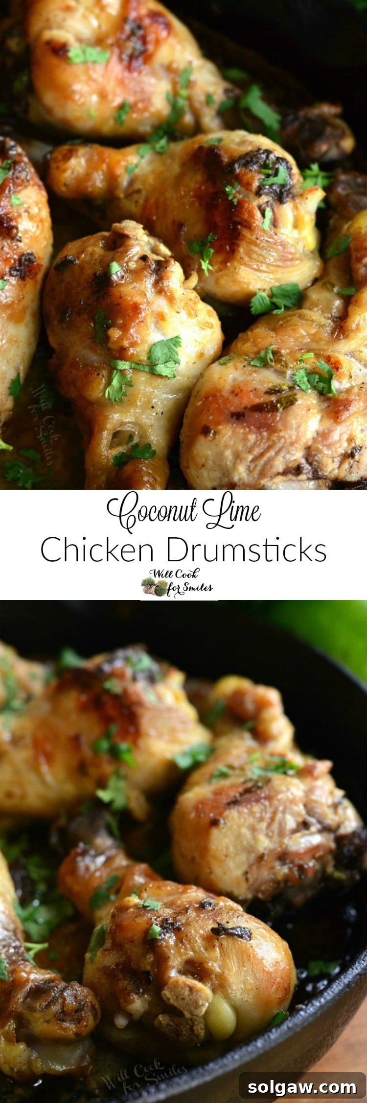 Collage featuring a top photo of golden-brown chicken drumsticks stacked on a serving plate, and a bottom photo of drumsticks baking in a cast iron skillet.