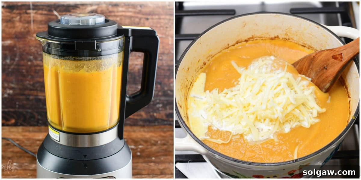 A two-image collage showing the blending of the soup and the final step of adding cream and cheese for a smooth finish.
