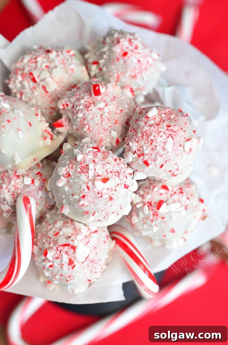 crushed peppermint topped chocolate fudge balls in a white tissue with candy canes around