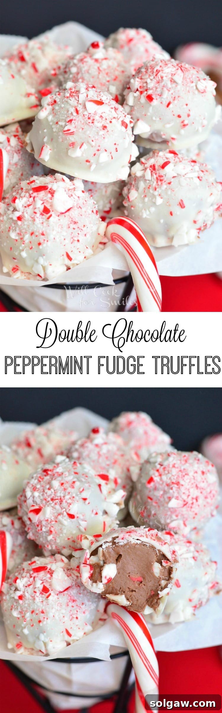 long collage of pepeprmint truffles stacked in white tissue on top and truffles stacked but one cut open on the bottom