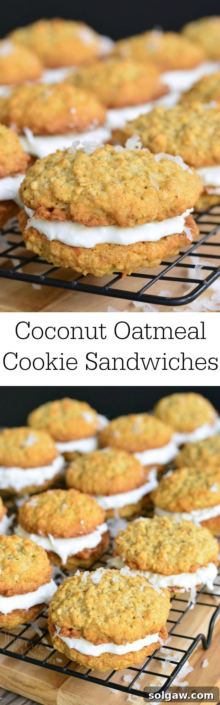 A photo collage featuring a close-up of a Coconut Oatmeal Cookie Sandwich and a platter of them on a cooling rack