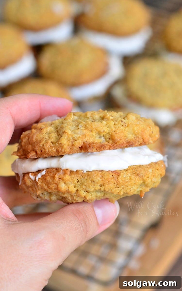 Hand holding a delightful Coconut Oatmeal Cookie Sandwich
