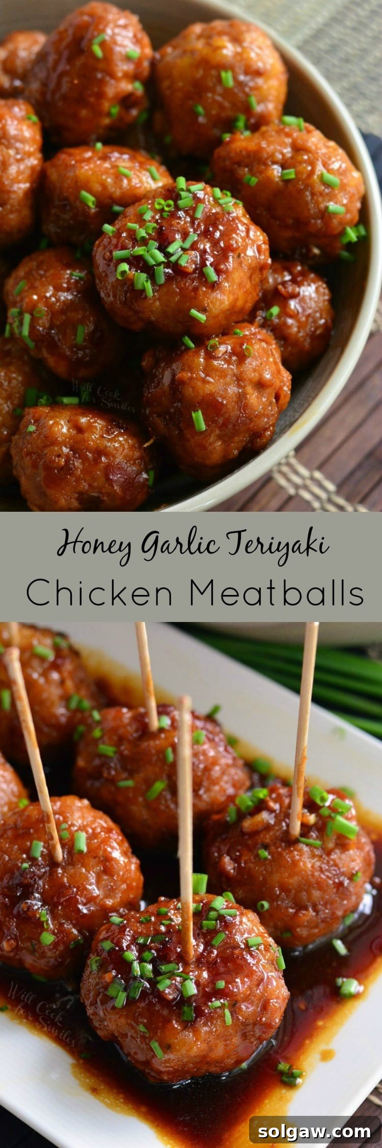 Collage of Honey Garlic Teriyaki Chicken Meatballs: top photo shows meatballs in a bowl, bottom photo shows meatballs with toothpicks on a serving plate