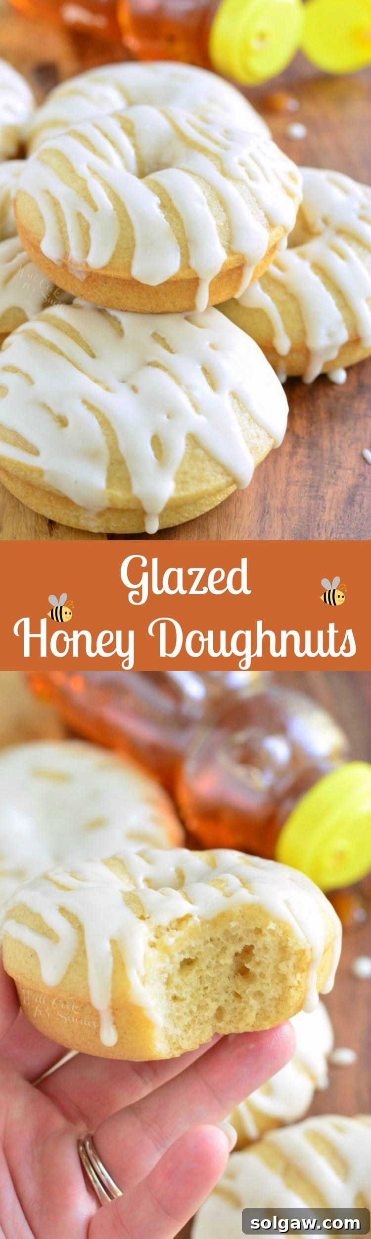 Golden Honey Delights 10 Photo collage featuring a top photo of baked honey doughnuts stacked on a wood cutting board with a honey bear bottle, and a bottom photo of a hand holding a glazed honey doughnut.