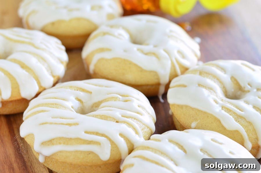 Golden Honey Delights 4 Beautifully arranged baked honey doughnuts stacked on a wooden board, with a charming honey bear bottle and fresh honey dipper in the background, creating a rustic and inviting scene.