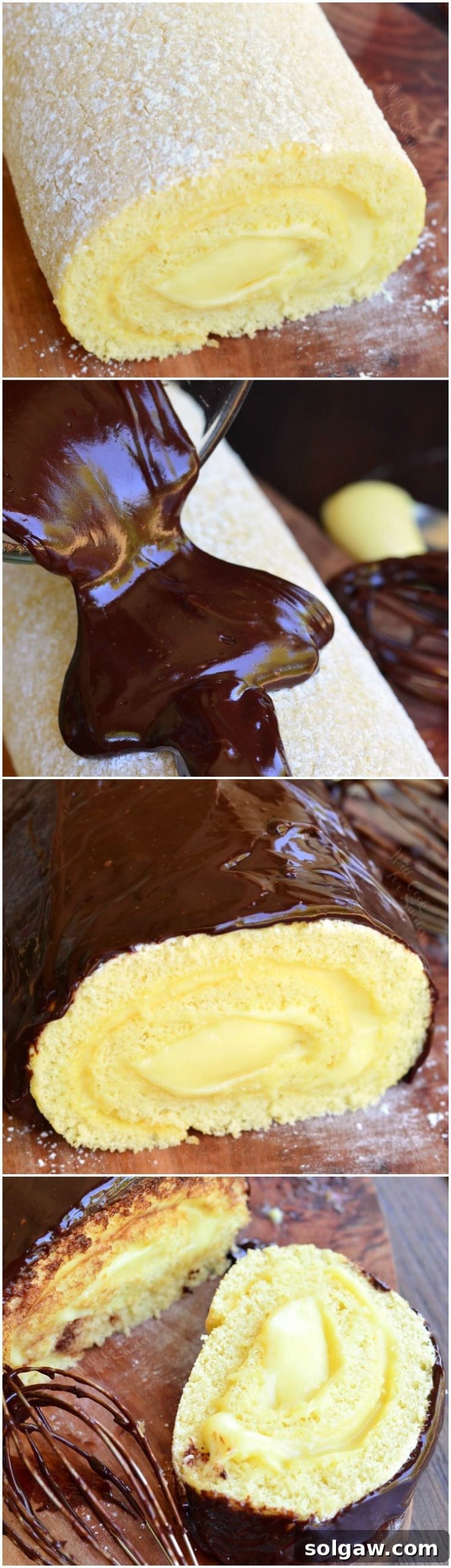 collage top photo Boston Cream Cake Roll 2nd photo with frosting being poured over it, 3rd photo cake roll on a cutting board, last photo is a slice of cake on a cutting board 