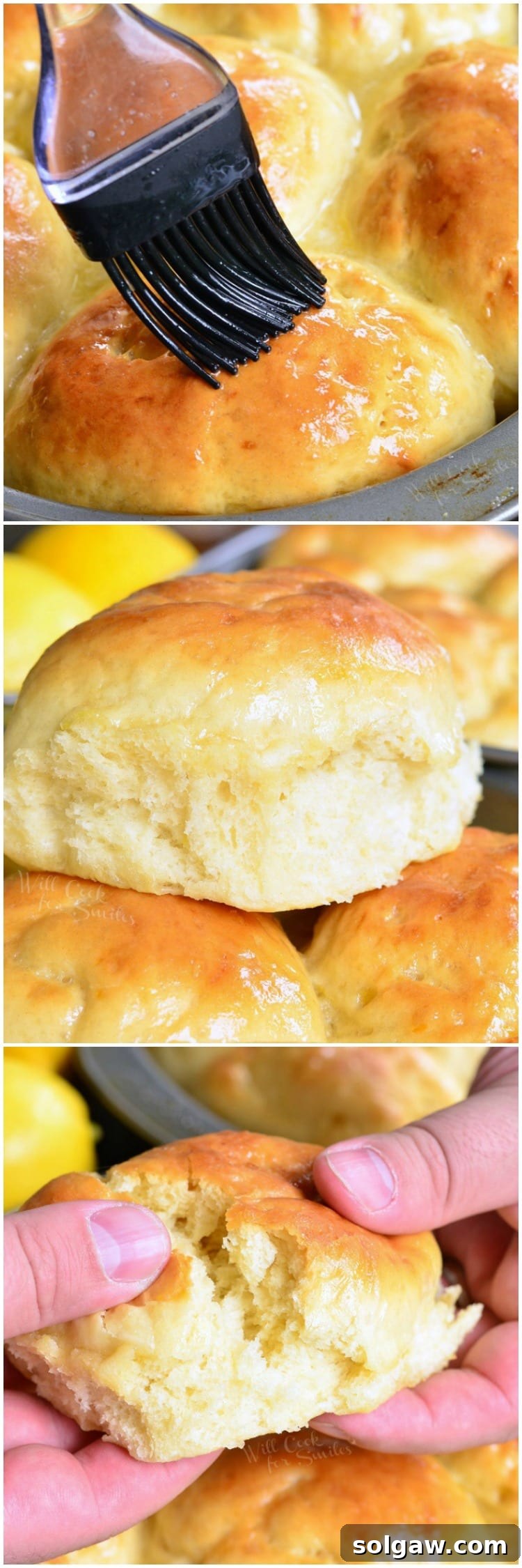 Collage of Honey Lemon Dinner Rolls: top showing glazing, middle showing rolls in pan, bottom showing a roll torn in half